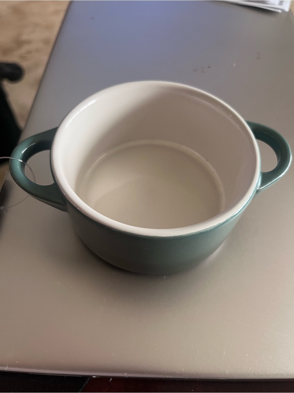 Le Creuset Teal Green Double-Handled Stoneware Serving Bowl with White Interior